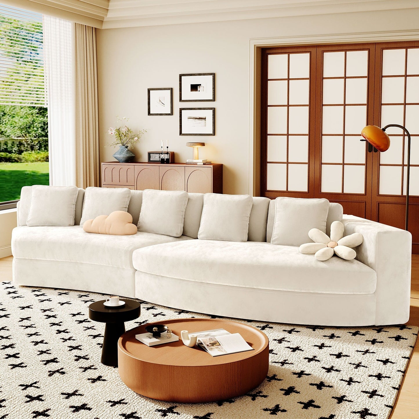 Divano modulare in schiuma pura 115.7, set da 2 pezzi con 5 cuscini, 4 posti, tessuto jacquard ciniglia, design curvo