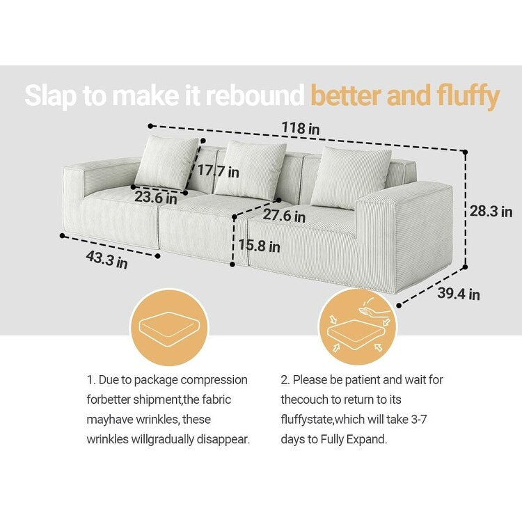 Divano letto trasformabile modulare da 118 pollici a 3 posti in velluto a coste bianco