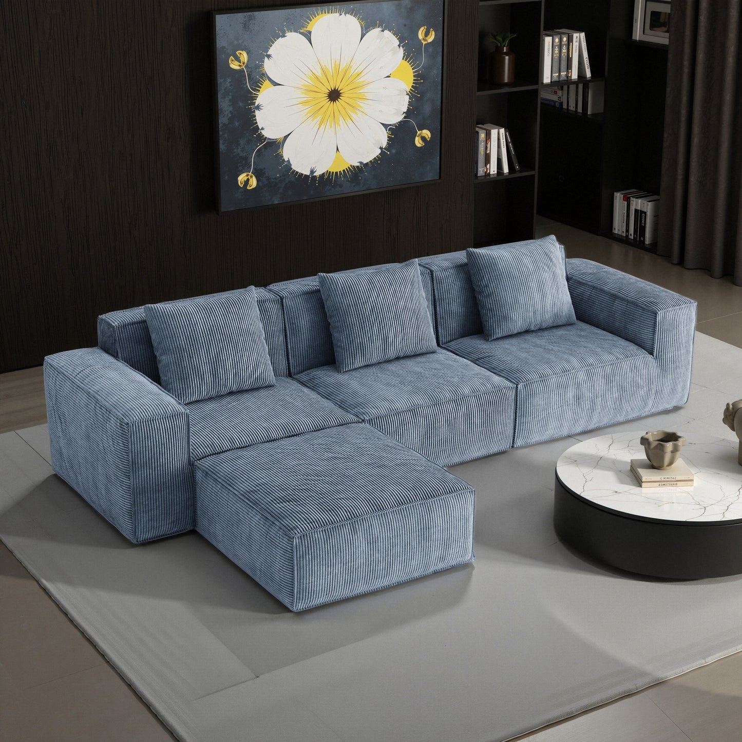 Divano letto modulare da 118 pollici convertibile a 3 posti con poggiapiedi in velluto a coste grigio