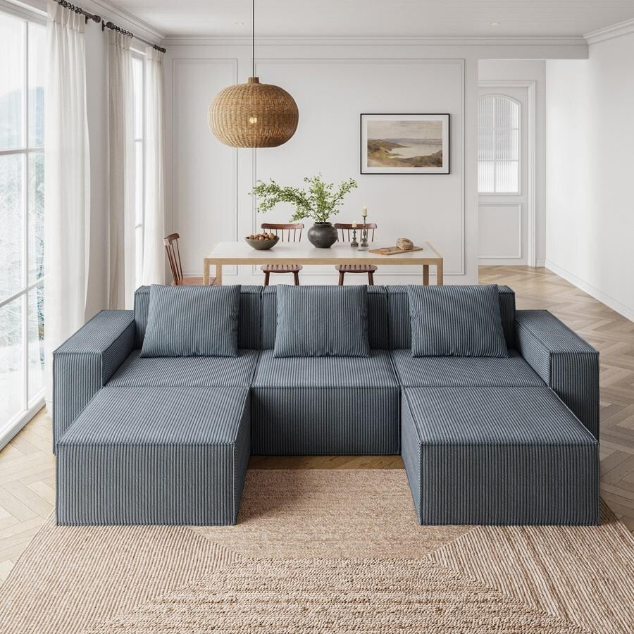 Divano letto modulare da 118 pollici trasformabile in 3 posti con poggiapiedi in velluto a coste grigio