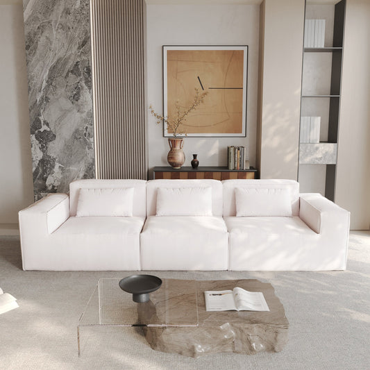 Divano componibile modulare 118 con rivestimento in tessuto mobile e 3 cuscini, comodo divano in velluto a coste a 3 posti