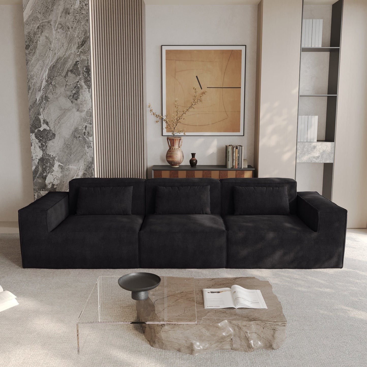 Divano componibile modulare 118 con rivestimento in tessuto mobile e 3 cuscini, comodo divano in velluto a coste a 3 posti