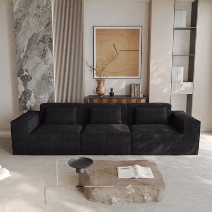 Divano componibile modulare 118 con rivestimento in tessuto mobile e 3 cuscini, comodo divano in velluto a coste a 3 posti