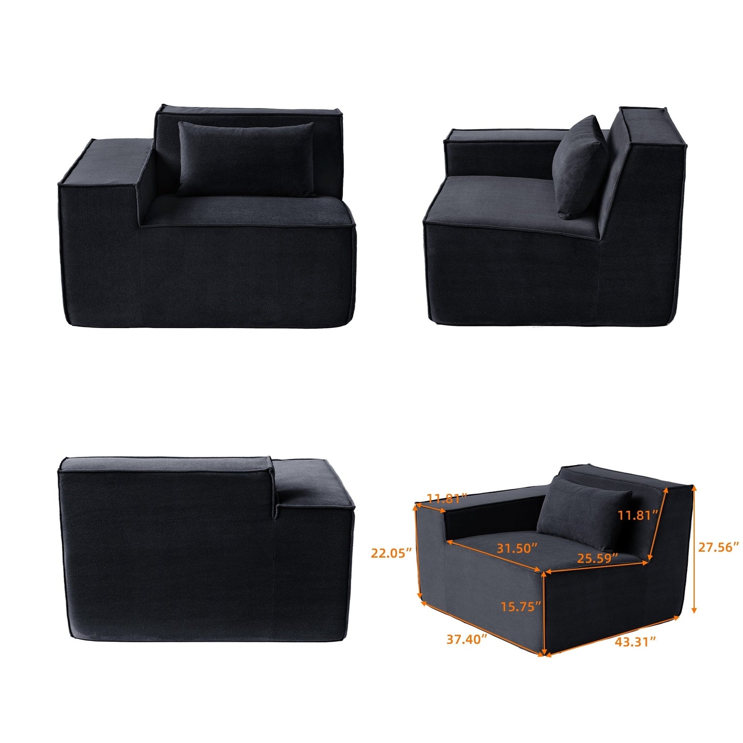 Divano componibile modulare 118 con rivestimento in tessuto mobile e 3 cuscini, comodo divano in velluto a coste a 3 posti