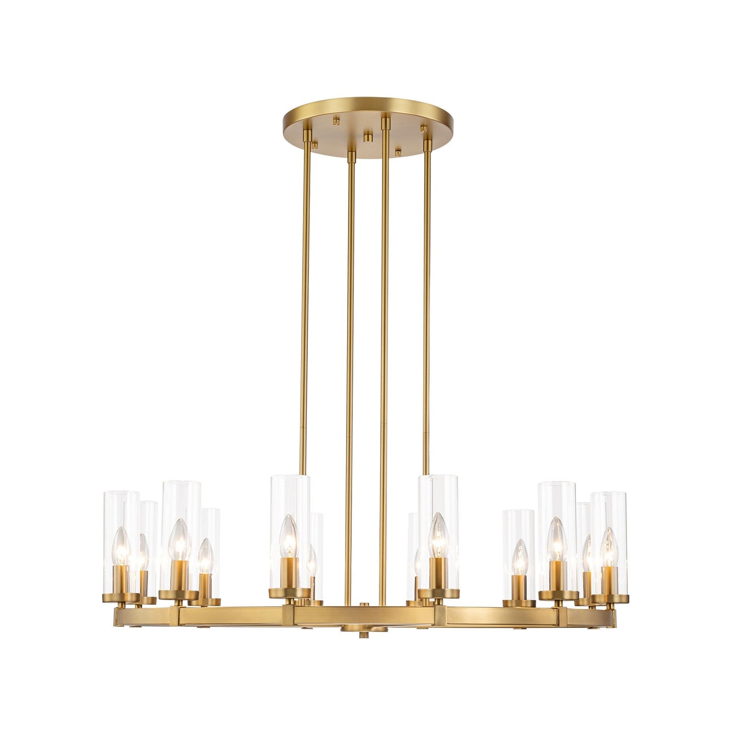 Lampadario a ruota di carro in vetro trasparente con cilindro in stile Mid-Century Modern, 12 luci, grande lampadario in oro/nero