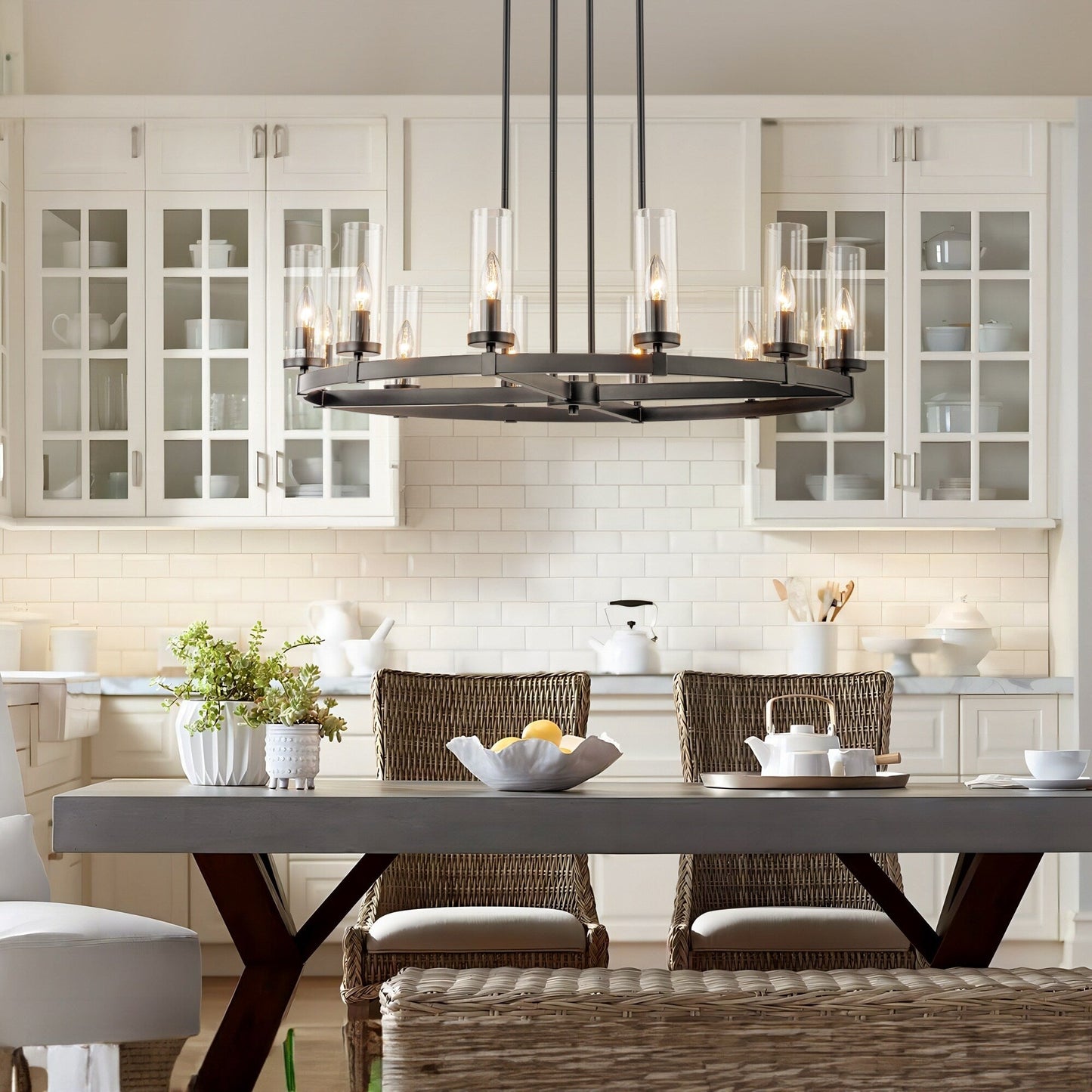 Lampadario a ruota di carro in vetro trasparente con cilindro in stile Mid-Century Modern, 12 luci, grande lampadario in oro/nero