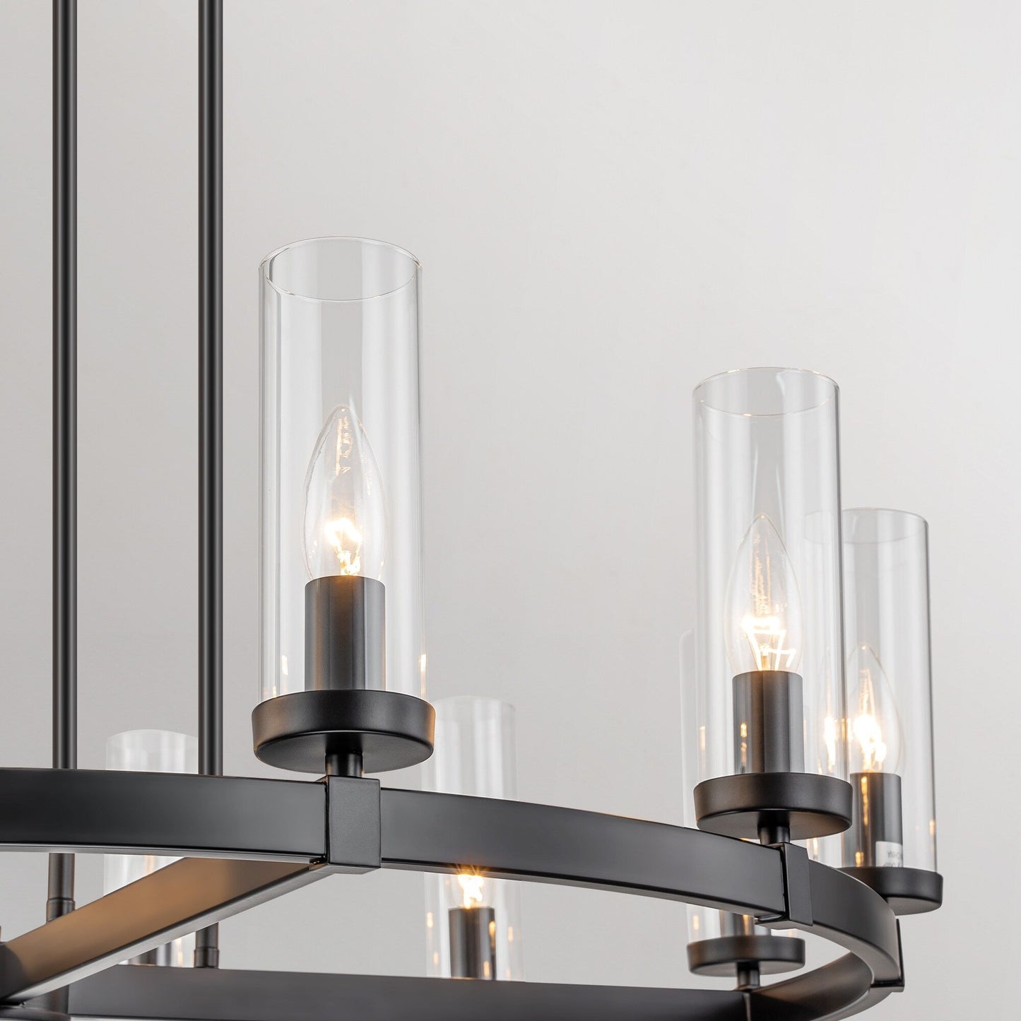 Lampadario a ruota di carro in vetro trasparente con cilindro in stile Mid-Century Modern, 12 luci, grande lampadario in oro/nero