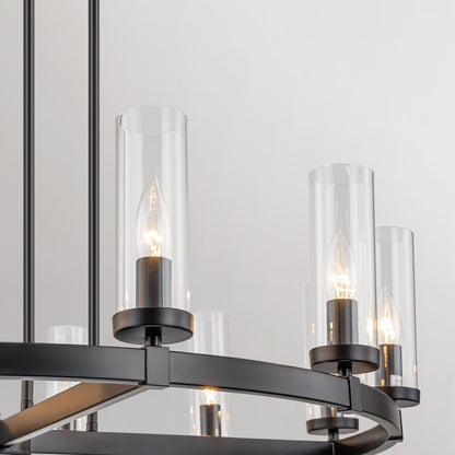 Lampadario a ruota di carro in vetro trasparente con cilindro in stile Mid-Century Modern, 12 luci, grande lampadario in oro/nero