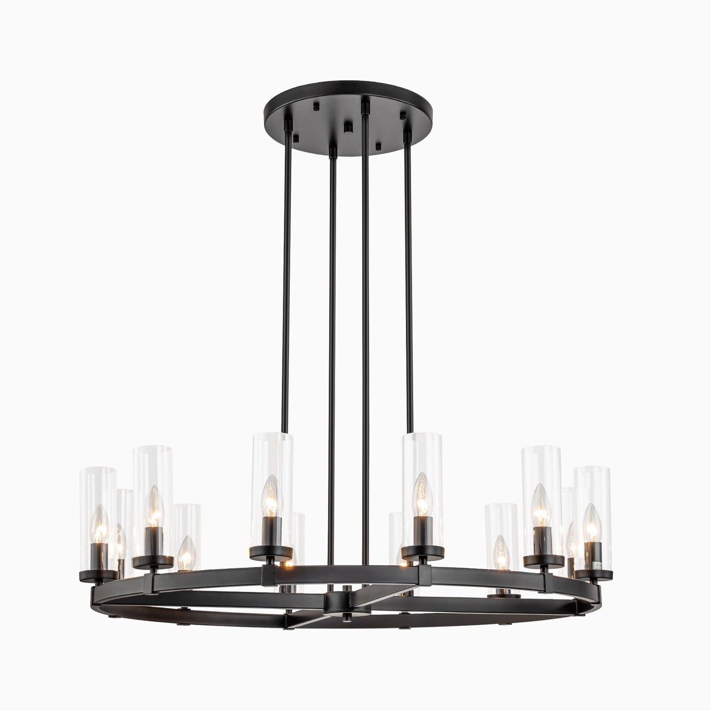 Lampadario a ruota di carro in vetro trasparente con cilindro in stile Mid-Century Modern, 12 luci, grande lampadario in oro/nero