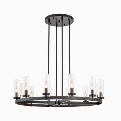 Lampadario a ruota di carro in vetro trasparente con cilindro in stile Mid-Century Modern, 12 luci, grande lampadario in oro/nero