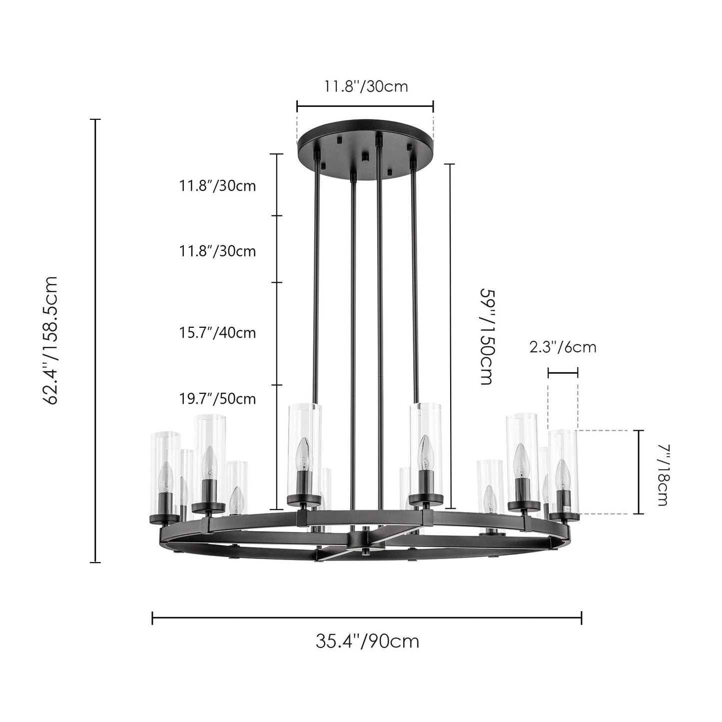 Lampadario a ruota di carro in vetro trasparente con cilindro in stile Mid-Century Modern, 12 luci, grande lampadario in oro/nero