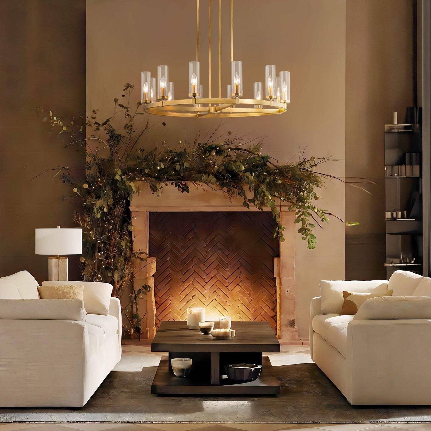 Lampadario a ruota di carro in vetro trasparente con cilindro in stile Mid-Century Modern, 12 luci, grande lampadario in oro/nero