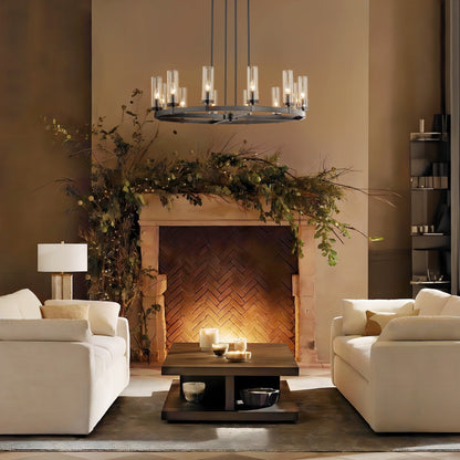 Lampadario a ruota di carro in vetro trasparente con cilindro in stile Mid-Century Modern, 12 luci, grande lampadario in oro/nero