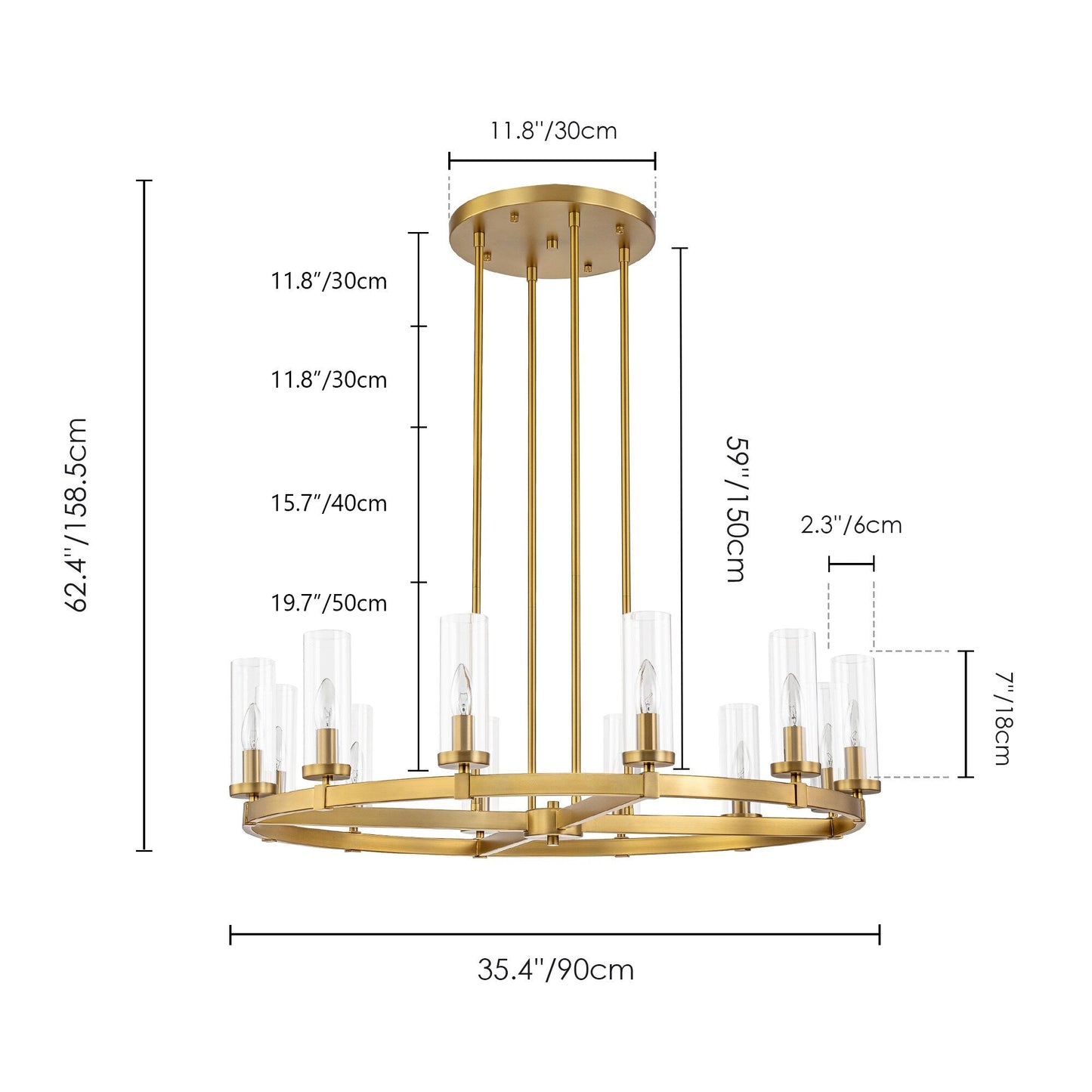 Lampadario a ruota di carro in vetro trasparente con cilindro in stile Mid-Century Modern, 12 luci, grande lampadario in oro/nero