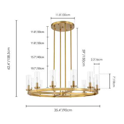 Lampadario a ruota di carro in vetro trasparente con cilindro in stile Mid-Century Modern, 12 luci, grande lampadario in oro/nero