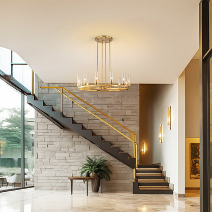 Lampadario a ruota di carro in vetro trasparente con cilindro in stile Mid-Century Modern, 12 luci, grande lampadario in oro/nero