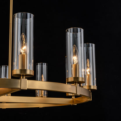 Lampadario a ruota di carro in vetro trasparente con cilindro in stile Mid-Century Modern, 12 luci, grande lampadario in oro/nero