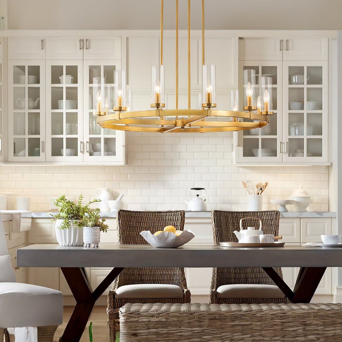 Lampadario a ruota di carro in vetro trasparente con cilindro in stile Mid-Century Modern, 12 luci, grande lampadario in oro/nero