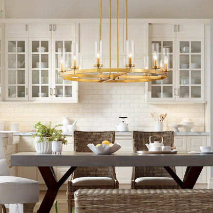 Lampadario a ruota di carro in vetro trasparente con cilindro in stile Mid-Century Modern, 12 luci, grande lampadario in oro/nero