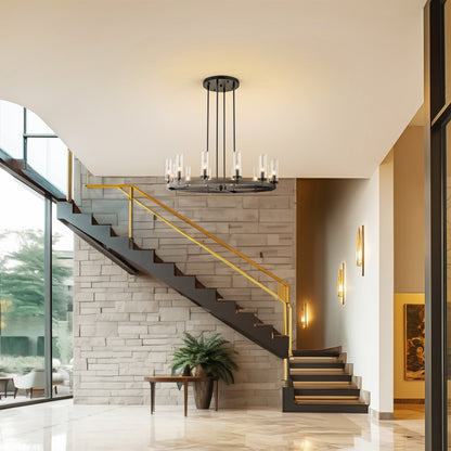 Lampadario a ruota di carro in vetro trasparente con cilindro in stile Mid-Century Modern, 12 luci, grande lampadario in oro/nero