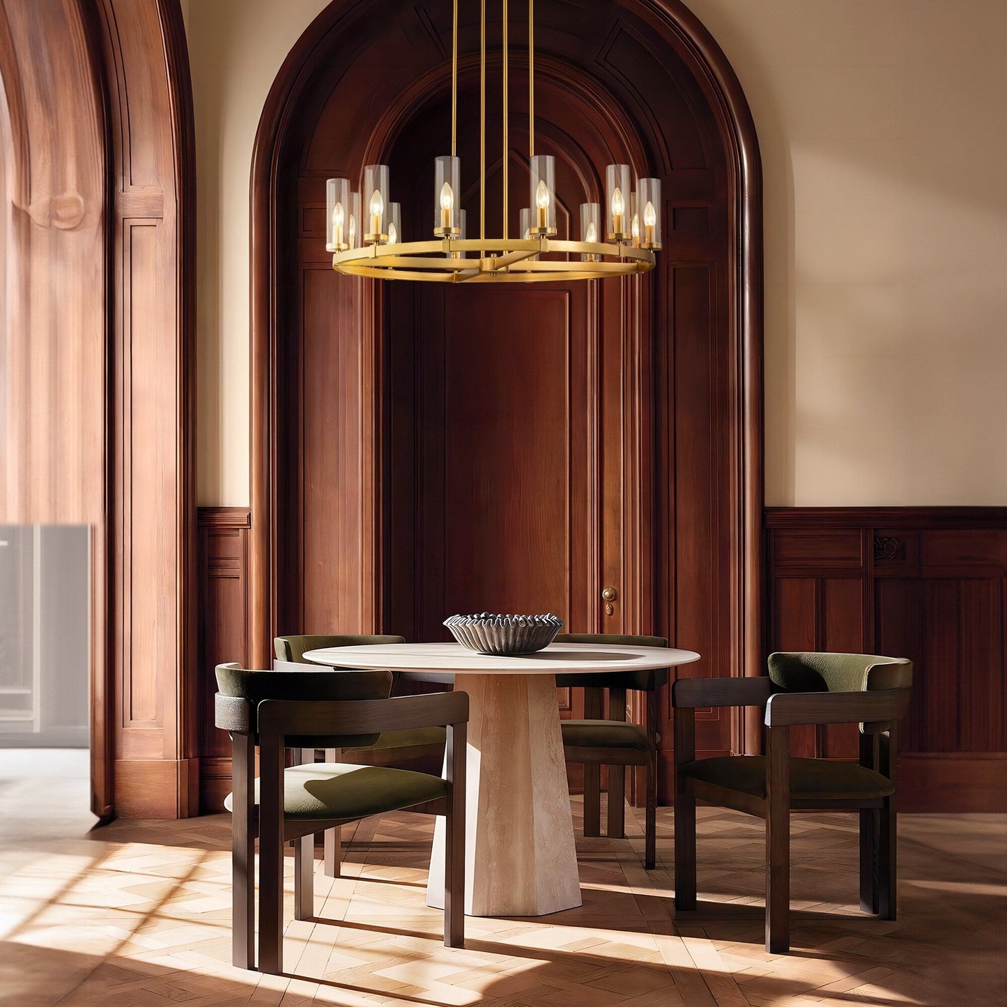 Lampadario a ruota di carro in vetro trasparente con cilindro in stile Mid-Century Modern, 12 luci, grande lampadario in oro/nero