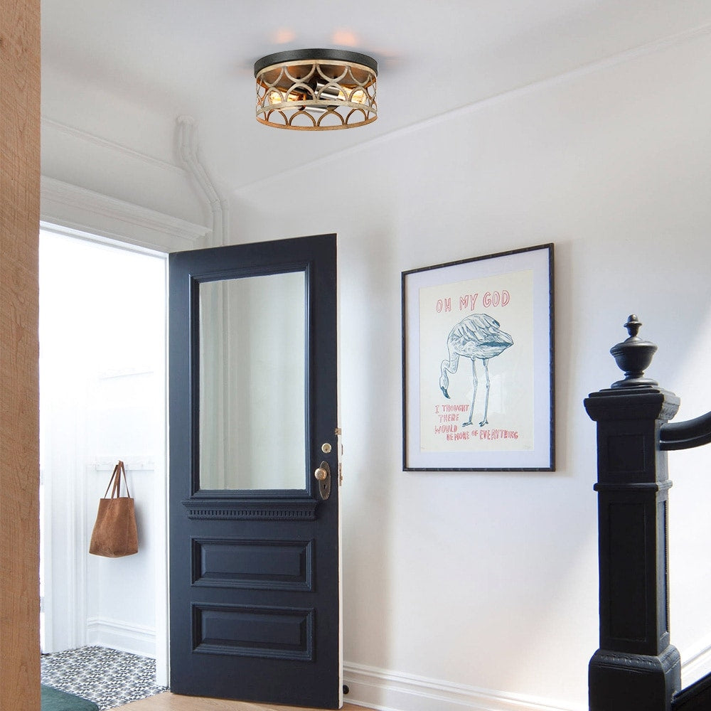 Plafoniera da soffitto a filo da 12 pollici a 2 luci color bronzo e legno - 12 W