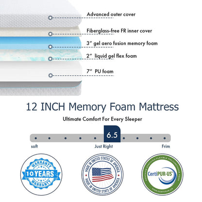 Materasso in memory foam gel da 12 pollici, materasso rinfrescante a media sensazione in una scatola, CertiPUR-US