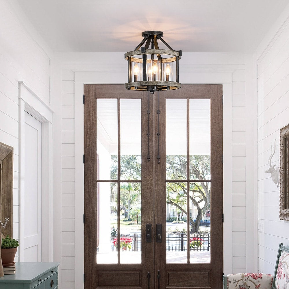 Lampada da soffitto semi-incassata moderna in ferro naturale e finto legno anticato da 12,5 pollici, 4 luci - 12,5 W