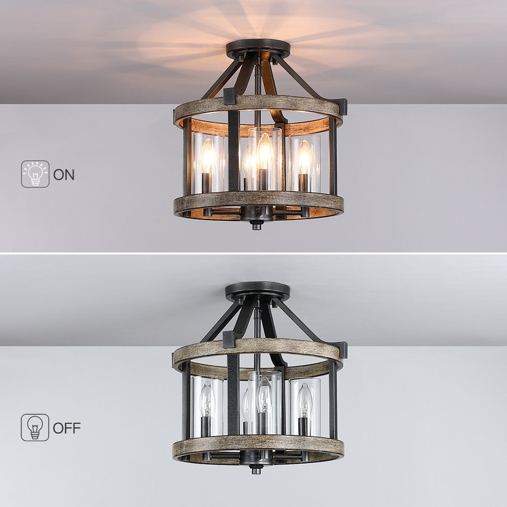 Lampada da soffitto semi-incassata moderna in ferro naturale e finto legno anticato da 12,5 pollici, 4 luci - 12,5 W