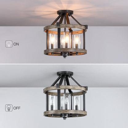 Lampada da soffitto semi-incassata moderna in ferro naturale e finto legno anticato da 12,5 pollici, 4 luci - 12,5 W