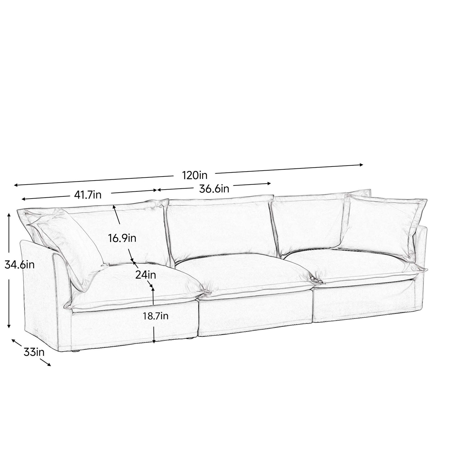 Divano 120 Chenille a 4 posti con morbidi cuscini multipli grandi per soggiorno e camera da letto