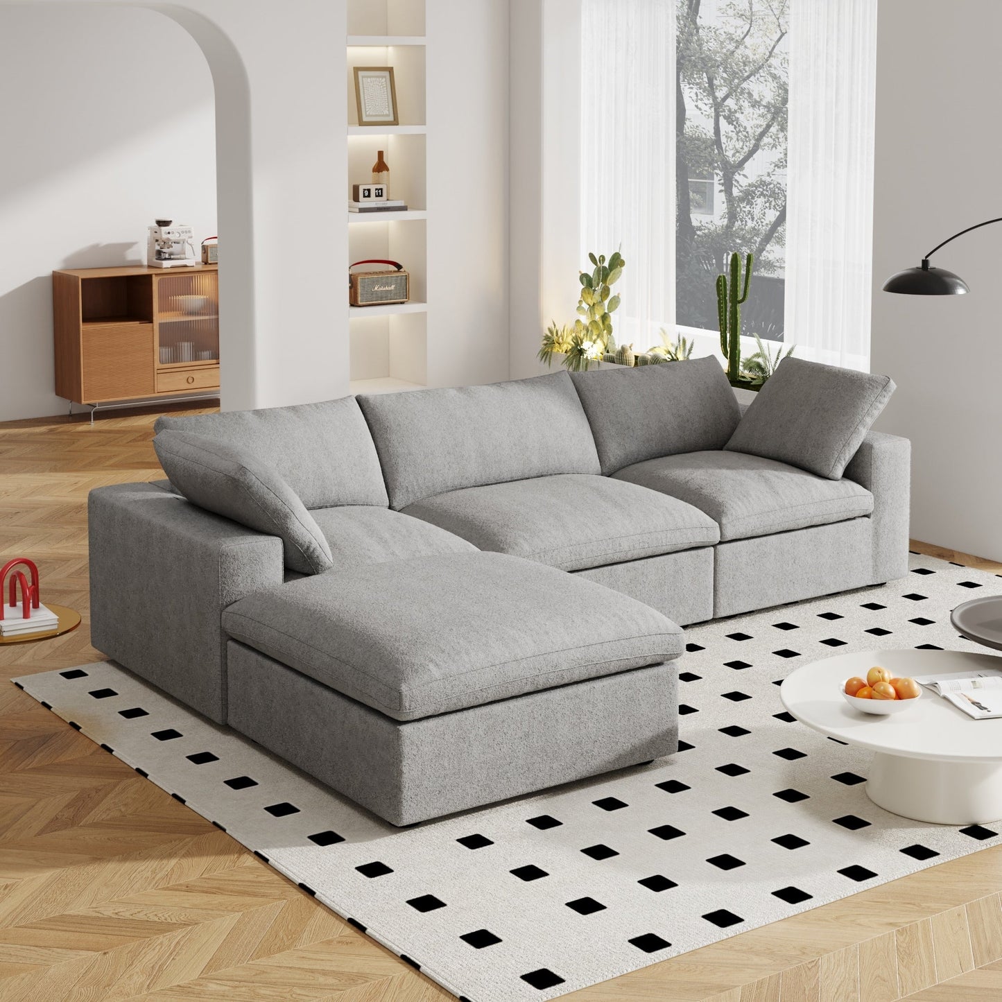 Divano componibile moderno a forma di L da 120 cm, divano modulare in lino con pouf contenitore