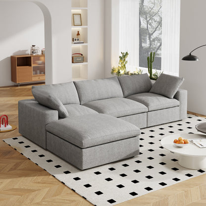 Divano componibile moderno a forma di L da 120 cm, divano modulare in lino con pouf contenitore