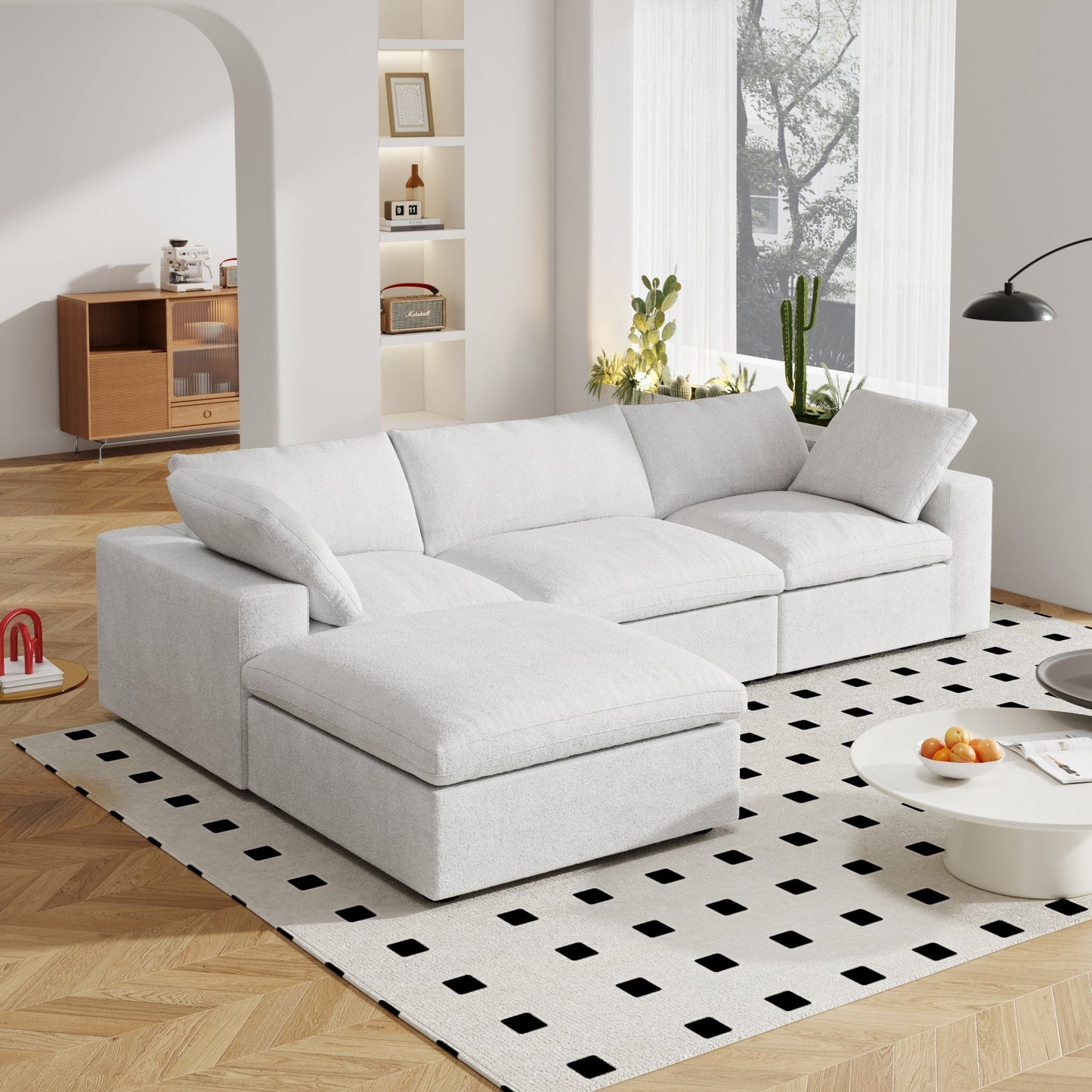 Divano componibile moderno a forma di L da 120 cm, divano modulare in lino con pouf contenitore