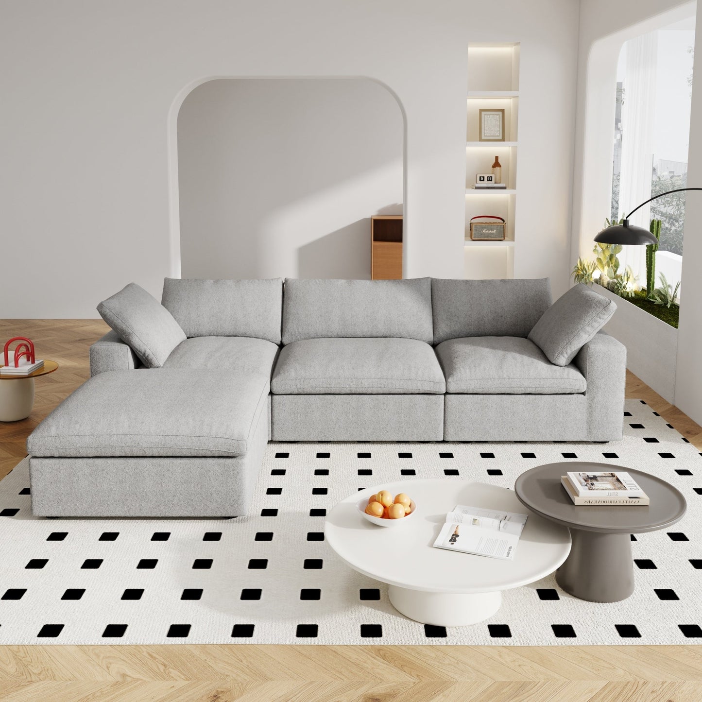 Divano componibile moderno a forma di L da 120 cm, divano modulare in lino con pouf contenitore