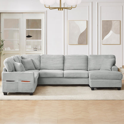 Divano componibile a U in velluto a coste da 125'' con pouf mobile