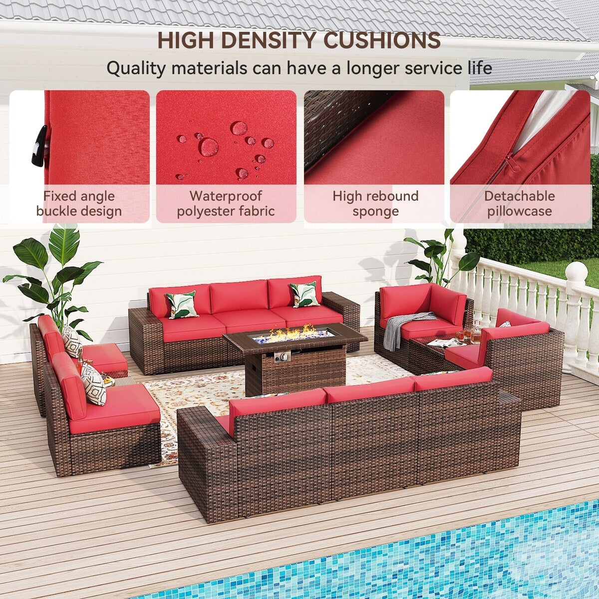 Set di mobili da giardino da 13 pezzi con tavolo da fuoco da 44 pollici