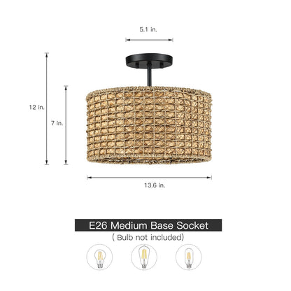 Lampada da soffitto semi-incassata a 2 luci in rattan naturale con rosone nero - Nero/terroso - Nero/Paglia - 13,6 pollici di larghezza