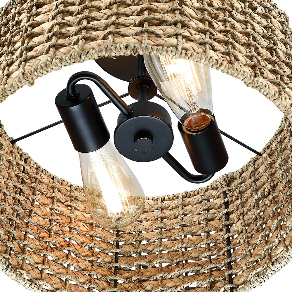 Lampada da soffitto semi-incassata a 2 luci in rattan naturale con rosone nero - Nero/terroso - Nero/Paglia - 13,6 pollici di larghezza