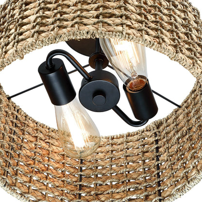 Lampada da soffitto semi-incassata a 2 luci in rattan naturale con rosone nero - Nero/terroso - Nero/Paglia - 13,6 pollici di larghezza