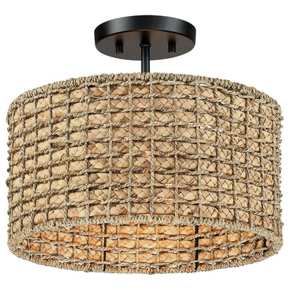 Lampada da soffitto semi-incassata a 2 luci in rattan naturale con rosone nero - Nero/terroso - Nero/Paglia - 13,6 pollici di larghezza