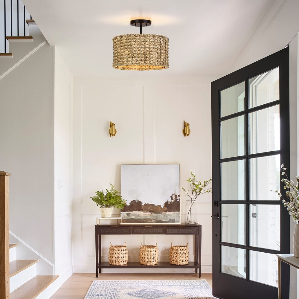 Lampada da soffitto semi-incassata a 2 luci in rattan naturale con rosone nero - Nero/terroso - Nero/Paglia - 13,6 pollici di larghezza