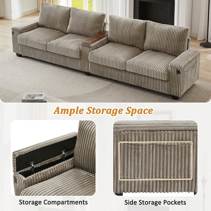 Divano in velluto a coste 133 a 4 posti - Divano contenitore moderno con porte USB e portabicchieri ribaltabili