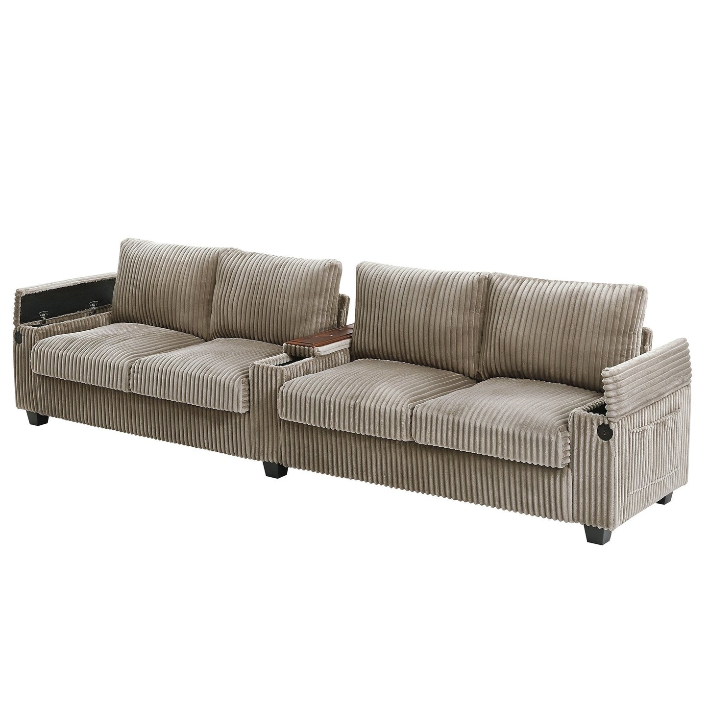 Divano a 4 posti in velluto a coste 133 con porte USB, portabicchieri ribaltabili e spazio nascosto