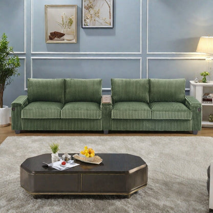 Divano a 4 posti in velluto a coste 133 con porte USB, portabicchieri ribaltabili e spazio nascosto