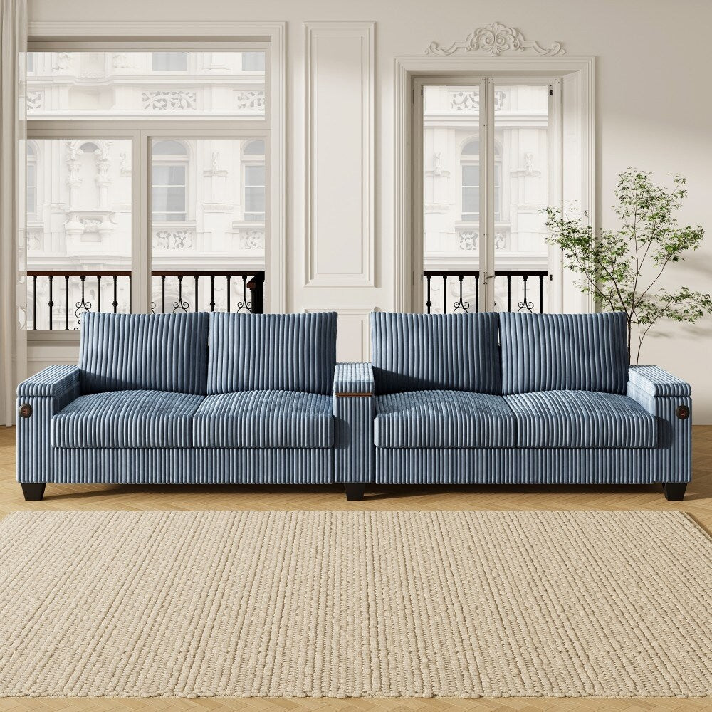 Divano moderno in velluto a coste a 4 posti con porte USB e portabicchieri ribaltabili