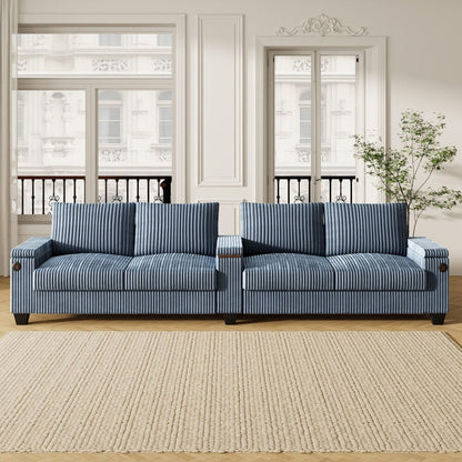 Divano moderno in velluto a coste a 4 posti con porte USB e portabicchieri ribaltabili