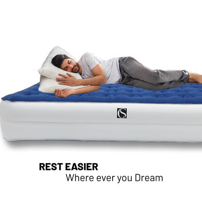 Materasso ad aria resistente da 14 pollici con tecnologia Comfort Coil e pompa ad alta capacità, ideale per campeggio, casa e viaggi portatili.