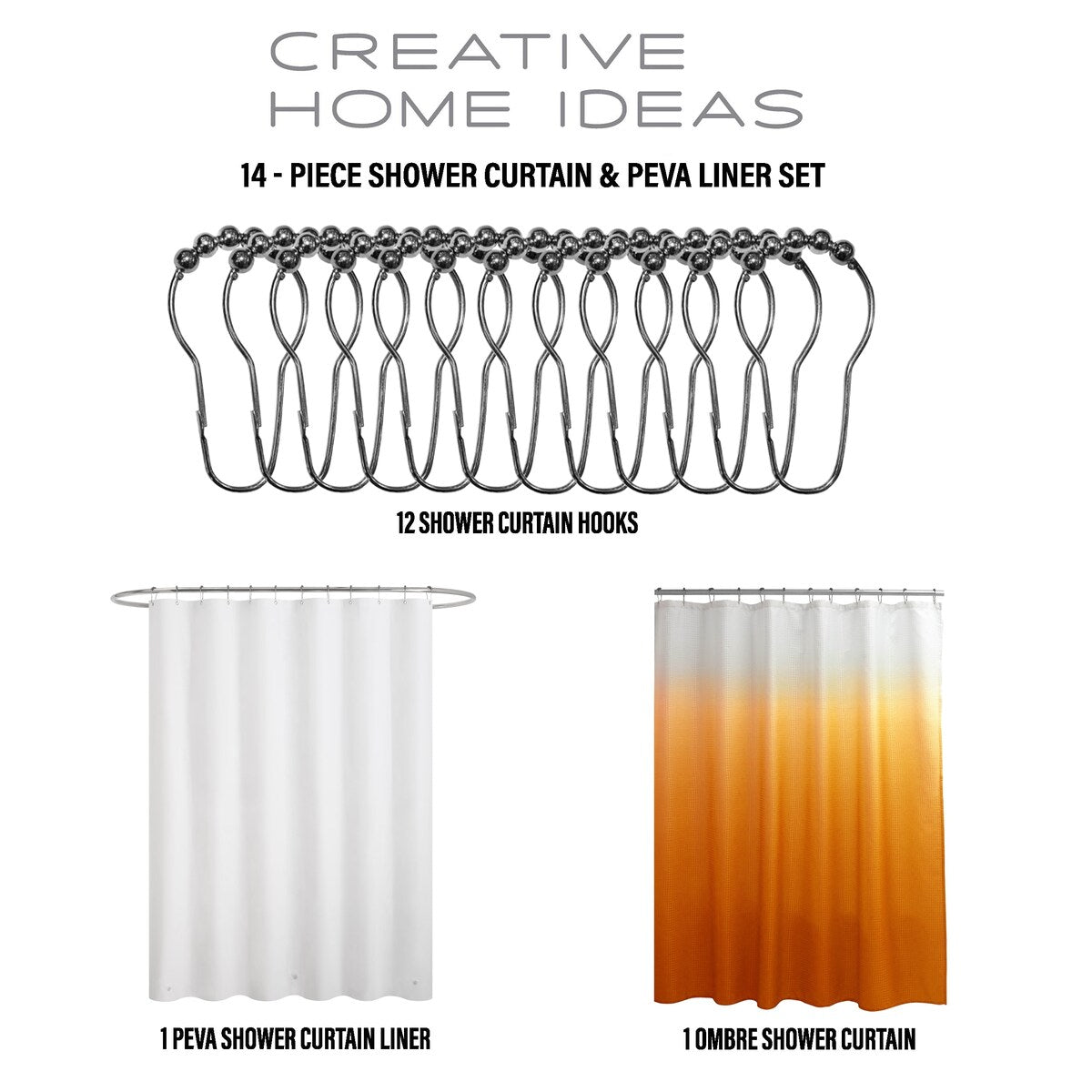 Set da bagno/doccia da 14 pezzi - Tenda da doccia sfumata, ganci e rivestimento in PEVA