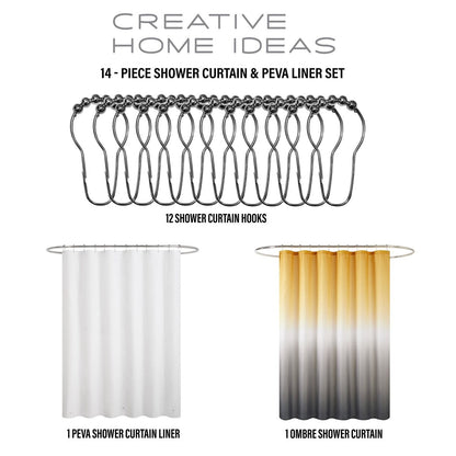 Set da bagno/doccia da 14 pezzi - Tenda da doccia sfumata, ganci e rivestimento in PEVA